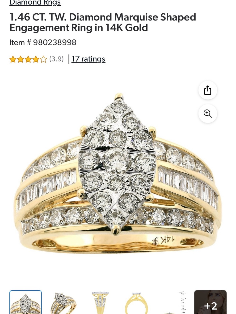 14K Gold Marquise Diamond Engagement Ring - Yellow Gold